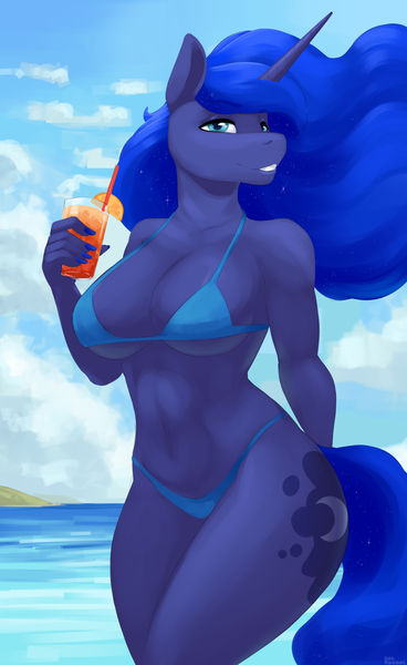 Size: 1975x3218 | Tagged: suggestive, artist:kelkessel, derpibooru import, princess luna, alicorn, anthro, alcohol, beach, big breasts, bikini, breasts, busty princess luna, cleavage, clothes, cocktail, drink, female, image, ocean, png, smiling, solo, solo female, stupid sexy princess luna, swimsuit, water