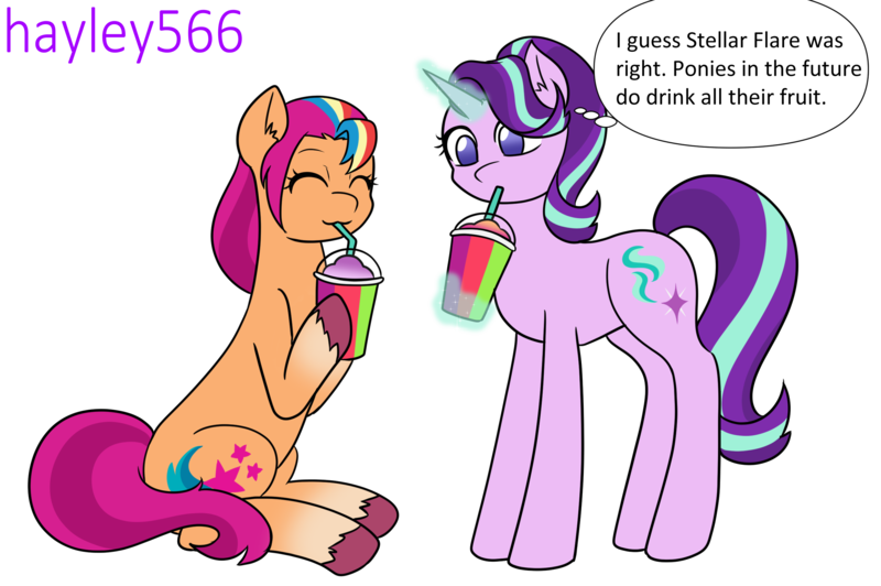 Size: 2712x1803 | Tagged: safe, artist:hayley566, derpibooru import, starlight glimmer, sunny starscout, earth pony, pony, unicorn, cup, drinking, drinking straw, duo, eyes closed, female, g5, glow, glowing horn, horn, image, implied stellar flare, magic, mare, markings, png, simple background, sitting, smoothie, telekinesis, transparent background, unshorn fetlocks