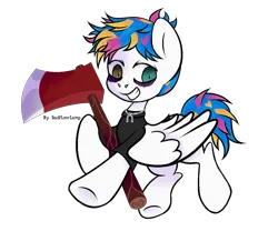 Size: 1200x1000 | Tagged: safe, artist:sadfloorlamp, derpibooru import, ponified, pegasus, pony, awsten knight, axe, bags under eyes, clothes, commission, dyed mane, dyed tail, grin, heterochromia, holding, horseshoes, image, jewelry, looking at you, male, necklace, partially open wings, png, shirt, shrunken pupils, simple background, smiling, solo, stallion, t-shirt, tail, transparent background, underhoof, waterparks, weapon, wings