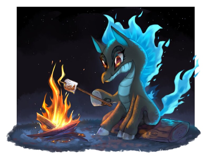 Size: 2048x1560 | Tagged: safe, artist:luo_qiangwei, derpibooru import, dragon, hybrid, longma, them's fightin' herds, alternate color palette, campfire, community related, female, food, image, jpeg, mane of fire, marshmallow, solo, stars, tail, tail of fire, tianhuo (tfh)