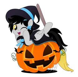 Size: 7800x7764 | Tagged: safe, alternate version, artist:jhayarr23, derpibooru import, oc, oc:lightning dee, unofficial characters only, bat, pegasus, pony, broom, cape, clothes, commission, fangs, female, folded wings, halloween, hat, holiday, image, jack-o-lantern, mare, moon, night, night sky, one eye closed, png, pumpkin, simple background, sky, solo, spider web, transparent background, tree, wings, wink, witch hat, ych result