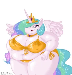 Size: 800x833 | Tagged: suggestive, artist:professordoctorc, derpibooru import, princess celestia, alicorn, anthro, bbw, big breasts, bikini, breasts, chubbylestia, clothes, crown, fat, female, huge breasts, image, jewelry, missing cutie mark, obese, png, regalia, simple background, solo, solo female, ssbbw, swimsuit, white background, wide hips, wings