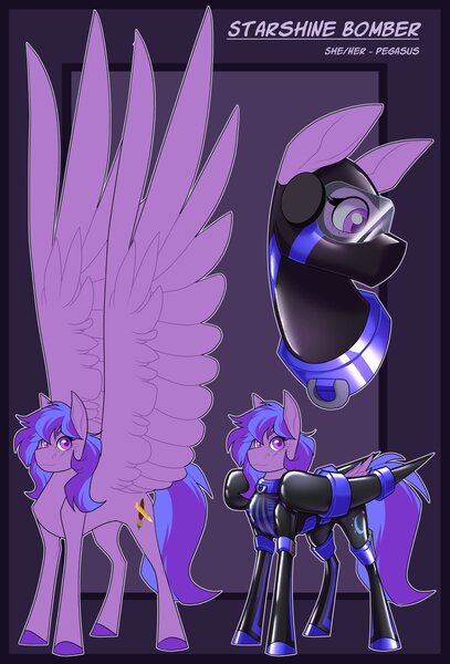 Size: 1389x2048 | Tagged: safe, artist:parrpitched, derpibooru import, oc, oc:starshine bomber, unofficial characters only, pegasus, clothes, donut steel, fireheart76's latex suit design, gloves, image, jpeg, kink, large wings, latex, latex boots, latex gloves, latex suit, pegasus oc, prisoners of the moon, pronouns, reference sheet, rubber, rubber suit, wings