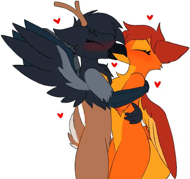 Size: 1459x1377 | Tagged: safe, artist:starstrucksocks, derpibooru import, oc, oc:amber wing, oc:gráinne ní bhroin, gryphon, cybernetic arm, cybernetic wings, deergriff, heart, hug, image, png, wings