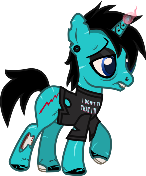 Size: 994x1199 | Tagged: safe, artist:lightningbolt, derpibooru import, ponified, pony, undead, unicorn, zombie, zombie pony, .svg available, as it is, bags under eyes, bloodshot eyes, bone, chipped tooth, clothes, colored pupils, derpibooru exclusive, dyed mane, dyed tail, ear piercing, earring, eyeshadow, gauges, glasgow smile, glow, glowing horn, hair over one eye, hole in horn, hoof polish, horn, horn piercing, image, jewelry, lidded eyes, makeup, male, nose piercing, painted horn, patty walters, piercing, png, raised hoof, raised leg, scar, shirt, simple background, solo, stallion, stitches, t-shirt, tail, tattoo, torn clothes, torn ear, transparent background, vector, walking