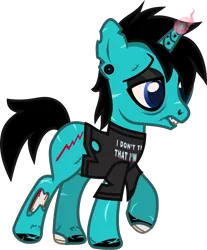 Size: 994x1199 | Tagged: safe, artist:lightningbolt, derpibooru import, ponified, pony, undead, unicorn, zombie, zombie pony, .svg available, as it is, bags under eyes, bloodshot eyes, bone, chipped tooth, clothes, colored pupils, derpibooru exclusive, dyed mane, dyed tail, ear piercing, earring, eyeshadow, gauges, glasgow smile, glow, glowing horn, hair over one eye, hole in horn, hoof polish, horn, horn piercing, image, jewelry, lidded eyes, makeup, male, nose piercing, painted horn, patty walters, piercing, png, raised hoof, raised leg, scar, shirt, simple background, solo, stallion, stitches, t-shirt, tail, tattoo, torn clothes, torn ear, transparent background, vector, walking