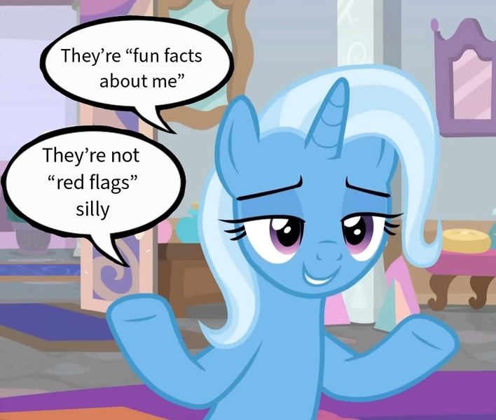 Size: 1150x975 | Tagged: safe, derpibooru import, edit, edited screencap, screencap, trixie, unicorn, image, jpeg, meme, solo, speech bubble, text