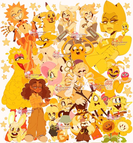 Size: 1916x2048 | Tagged: safe, artist:honwowo, derpibooru import, anthro, bird, dog, human, pegasus, pikachu, robot, adventure time, alphys, animal crossing, animatronic, anime, big bird, bill cipher, brother and sister, cartoon network, chica, clothes, cookie run, crossover, cuddles (happy tree friends), cupcake, denim, disney, female, five nights at freddy's, flower, flowey, food, gem, glasses, gravity falls, happy tree friends, image, isabelle, jake the dog, jeans, jpeg, kagamine len, kagamine rin, looney tunes, magical girl, male, mami tomoe, nail polish, nickelodeon, pants, pbs, pixar, plants vs zombies, pokémon, priya mangal, puella magi madoka magica, sesame street, shirt, shoes, siblings, skirt, sneakers, spongebob squarepants, spongebob squarepants (character), steven universe, sundrop, sunflower, the muppets, timekeeper cookie, toenail polish, turning red, tweety bird, twins, undertale, vocaloid, yellow, yellow diamond (steven universe)