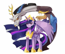 Size: 1254x1046 | Tagged: safe, artist:plusplus_pony, derpibooru import, discord, princess twilight 2.0, twilight sparkle, twilight sparkle (alicorn), alicorn, draconequus, pony, the last problem, antlers, crown, duo, duo male and female, female, future twilight, horn, image, jewelry, jpeg, male, mare, older, older twilight, regalia, simple background, white background