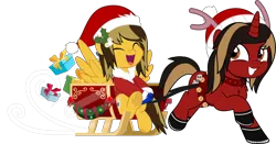 Size: 5000x2610 | Tagged: safe, artist:jhayarr23, derpibooru import, ponified, pegasus, pony, unicorn, alex gaskarth, all time low, antlers, bell, boots, cheek fluff, chest fluff, christmas, clothes, commission, costume, duo, duo male, dyed mane, dyed tail, eyes closed, gloves, grin, happy, hat, holiday, holly, hoof fluff, hoof hold, horn, image, jack barakat, looking back, male, open mouth, png, present, running, santa costume, santa hat, shoes, simple background, sitting, sled, smiling, spread wings, stallion, tail, transparent background, wings, ych result