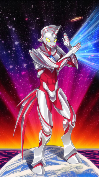 Size: 1435x2568 | Tagged: safe, artist:st. oni, derpibooru import, anthro, pony, robot, unguligrade anthro, unicorn, crossover, earth, glow, glowing eyes, image, jpeg, male, pose, solo, space, stallion, superhero, ultraman