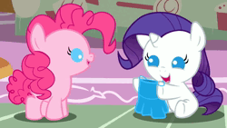 Size: 2560x1440 | Tagged: safe, artist:beavernator, artist:magpie-pony, derpibooru import, pinkie pie, rarity, earth pony, pony, unicorn, ^^, animated, babity, baby, baby pie, baby pony, beavernator is trying to murder us, clothes, cute, dexterous hooves, diabetes, diapinkes, dress, duo, duo female, eyes closed, female, filly, foal, frown, hair gel, hnnng, image, lipstick, magic, makeup, nom, open mouth, open smile, pinkie pie is not amused, raribetes, smiling, sound only, sugarcube corner, telekinesis, unamused, weapons-grade cute, webm, younger