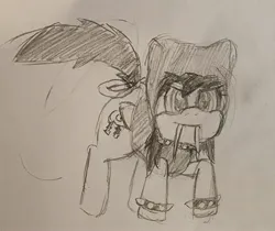 Size: 2430x2045 | Tagged: safe, artist:jimm, derpibooru import, oc, oc:lightning dee, pegasus, pony, bow, bracelet, choker, clothes, fangs, female, folded wings, hoodie, image, jpeg, long fangs, mare, sketch, solo, spiked choker, spiked wristband, traditional art, wings, wristband