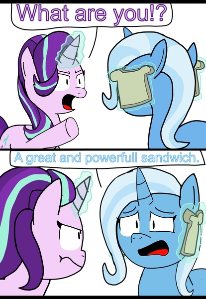 Size: 3508x5083 | Tagged: safe, artist:sketchyboi25, derpibooru import, starlight glimmer, trixie, pony, unicorn, angry, food, frown, funny, gordon ramsay, idiot sandwich, image, jpeg, magic, meme, sandwich, speech bubble, unamused