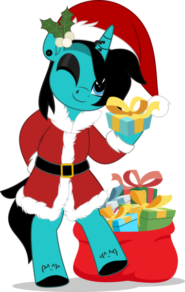 Size: 3163x5000 | Tagged: safe, artist:jhayarr23, derpibooru import, ponified, pony, unicorn, as it is, bipedal, christmas, clothes, commission, costume, dyed mane, dyed tail, ear piercing, eyeshadow, gauges, hat, holiday, holly, hoof hold, hoof polish, horn, horn piercing, image, looking at you, makeup, male, nose piercing, one eye closed, patty walters, piercing, png, present, sack, santa costume, santa hat, simple background, smiling, stallion, tail, tattoo, transparent background, wink, ych result