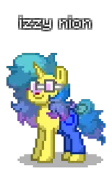 Size: 204x316 | Tagged: safe, artist:dematrix, derpibooru import, izzy moonbow, pony, unicorn, pony town, crossover, despicable me, disney, female, g5, image, mare, minion, pixel art, png