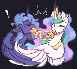 Size: 1280x1141 | Tagged: safe, artist:argigen, derpibooru import, princess celestia, princess luna, alicorn, pony, crown, exclamation point, eyes closed, female, fight, food, image, jewelry, jpeg, mare, mouth hold, pizza, regalia, royal sisters, s1 luna, sibling rivalry, siblings, sisters, wing hands, wings