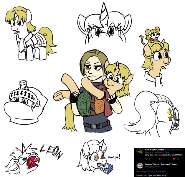 Size: 1091x1043 | Tagged: safe, artist:jargon scott, derpibooru import, ponified, human, mouse, pony, unicorn, ammunition, ashley graham, bridal carry, butt, carrying, cute, duo, female, helmet, holding a pony, image, jpeg, knight helmet, leon s. kennedy, male, mare, meme, mousified, mouth hold, open mouth, plot, resident evil 4, screaming, self paradox, simple background, sketch, sketch dump, smiling, white background