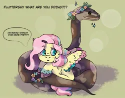 Size: 1900x1500 | Tagged: safe, artist:cluterdrop, derpibooru import, fluttershy, pegasus, pony, snake, cloven hooves, colored wings, colored wingtips, dialogue, duo, female, floppy ears, floral head wreath, flower, green background, image, jpeg, lying down, mare, multicolored wings, offscreen character, prone, simple background, sparkles, speech bubble, unshorn fetlocks, wings