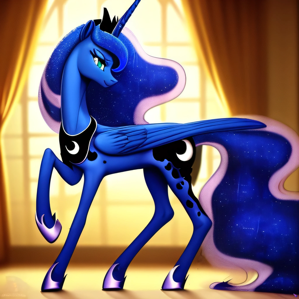 Size: 2048x2048 | Tagged: safe, derpibooru import, machine learning generated, purplesmart.ai, stable diffusion, princess luna, alicorn, pony, blurry background, colored, concave belly, crown, ethereal mane, ethereal tail, female, folded wings, high res, hoof shoes, image, jewelry, large wings, long tail, looking at you, mare, peytral, png, princess shoes, raised hoof, reflection, regalia, shading, slim, smiling, smiling at you, solo, standing, starry mane, starry tail, sternocleidomastoid, tail, thin, turned head, window, wings