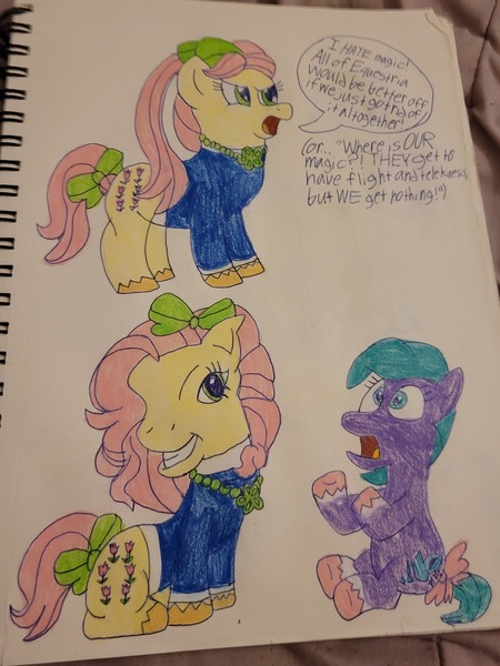 Size: 3024x4032 | Tagged: safe, derpibooru import, posey (g5), earth pony, pony, too many pinkie pies, angry, bow, clothes, coat markings, cursed image, derpibooru exclusive, faic, female, filly, foal, g3 faic, g4, g5, g5 to g4, generation leap, grin, hair bow, image, jacket, jewelry, jpeg, mare, necklace, old art, open mouth, pinkie's silly face, ponytail, posey bloom is not amused, rant, seashell (g5), shocked, shocked expression, sitting, sketchbook, smiling, socks (coat marking), speech bubble, sweater, tail, tail bow, traditional art, unamused, unshorn fetlocks, wat