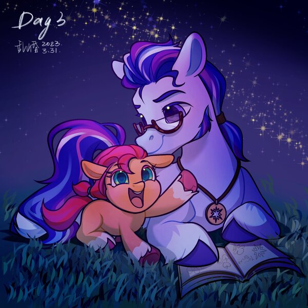 Size: 2048x2048 | Tagged: safe, artist:luanshanhun, derpibooru import, sunny starscout, earth pony, pony, argyle starshine, blank flank, book, coat markings, cute, duo, father and child, father and daughter, female, filly, filly sunny starscout, g5, glasses, hoof heart, image, jewelry, jpeg, male, night, open mouth, open smile, outdoors, pendant, raised hoof, sideburns, smiling, socks (coat marking), stars, sunnybetes, underhoof, weapons-grade cute, younger