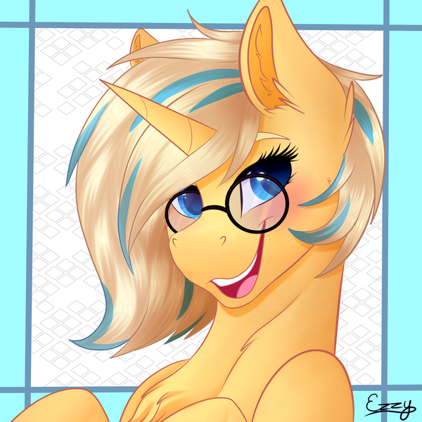 Size: 2000x2000 | Tagged: safe, artist:monsoonvisionz, derpibooru import, oc, oc:positron, unofficial characters only, pony, unicorn, chest fluff, ear fluff, female, glasses, horn, image, mare, png, signature, simple background, smiling, solo, unicorn oc