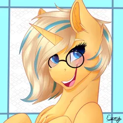 Size: 2000x2000 | Tagged: safe, artist:monsoonvisionz, derpibooru import, oc, oc:positron, unofficial characters only, pony, unicorn, chest fluff, ear fluff, female, glasses, horn, image, mare, png, signature, simple background, smiling, solo, unicorn oc