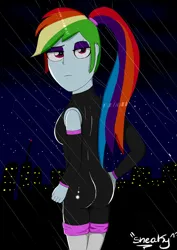 Size: 1024x1449 | Tagged: safe, artist:sneakycsgo, derpibooru import, rainbow dash, human, equestria girls, clothes, eyeshadow, female, humanized, image, jpeg, leotard, looking at you, makeup, rain, skintight clothes, sonic the hedgehog (series)