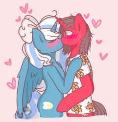 Size: 1024x1062 | Tagged: safe, artist:lolitablue, derpibooru import, oc, oc:fleurbelle, oc:ironyoshi, unofficial characters only, alicorn, semi-anthro, unicorn, blushing, bow, clothes, heart, image, kissing, png, shirt, simple background