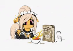 Size: 1177x820 | Tagged: safe, artist:quotepony, derpibooru import, oc, unofficial characters only, pegasus, pony, bandaid, clothes, dress, food, frown, image, jpeg, looking down, maid, milk, oatmeal, oats, on fire, sad, solo