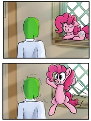 Size: 763x1012 | Tagged: safe, artist:valeidem, derpibooru import, pinkie pie, oc, oc:anon, earth pony, human, pony, 2 panel comic, comic, crepuscular rays, drawthread, eyes closed, female, floppy ears, grin, image, imminent glomp, incoming hug, jumping, lying down, male, mare, png, prone, reference, shivering, shocked, sleeping, smiling, startled