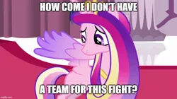 Size: 888x499 | Tagged: safe, derpibooru import, edit, edited screencap, editor:icicle-wicicle-1517, screencap, princess cadance, alicorn, pony, derpibooru, twilight's kingdom, april fools, april fools 2023, canterlot castle, caption, colored wings, derpibooru civil war, female, gradient wings, image, image macro, imgflip, jpeg, mare, meta, missing cutie mark, multicolored wings, princess sadance, sad, solo, text, wings