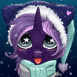 Size: 1748x1748 | Tagged: safe, artist:lailyren, derpibooru import, oc, oc:tenebris flux, unofficial characters only, unicorn, :p, blushing, clothes, hat, horn, image, jpeg, scarf, simple background, snow, snowfall, tongue out, unicorn oc, wingding eyes, winter hat