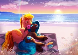 Size: 2450x1750 | Tagged: safe, artist:xhyperwolfx, derpibooru import, oc, unofficial characters only, earth pony, pony, beach, biting, butt, duo, ear bite, female, image, jpeg, male, oc x oc, plot, shipping, straight