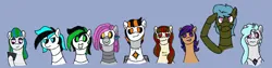 Size: 3200x800 | Tagged: safe, artist:nukepony360, derpibooru import, oc, oc:7a, oc:7b, oc:burst, oc:nightglow, oc:oasis (osai), oc:prototype v, oc:prototype vi, oc:sync, unofficial characters only, android, pony, robot, robot pony, unicorn, bust, image, png, portrait, salute, simple background, tablet