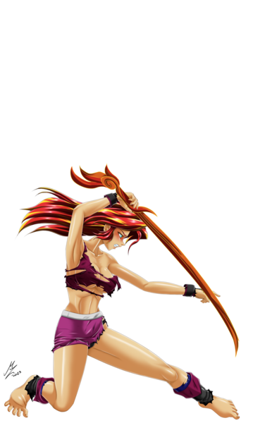 Size: 1437x2399 | Tagged: suggestive, alternate version, artist:mauroz, derpibooru import, sunset shimmer, human, equestria girls, absurd file size, anime, breasts, clothes, commission, female, image, png, simple background, sword, torn clothes, transparent background, weapon