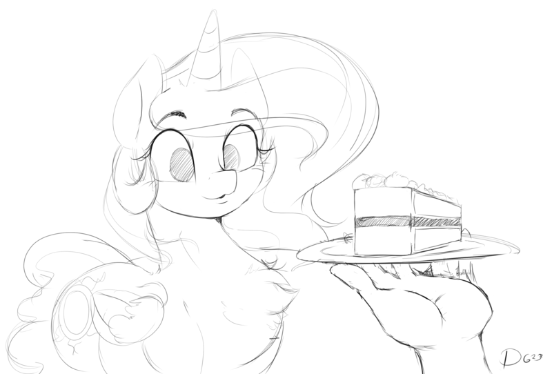 Size: 3072x2083 | Tagged: safe, artist:thelunarmoon, derpibooru import, princess celestia, alicorn, pony, cake, cakelestia, chest fluff, disembodied hand, eyes on the prize, female, food, grayscale, hand, image, mare, monochrome, png, sketch, solo focus, that pony sure does love cakes