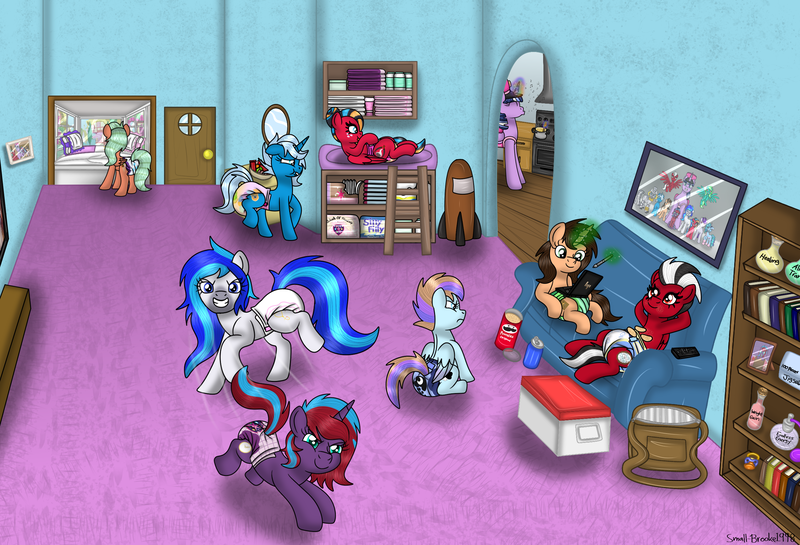 Size: 2663x1814 | Tagged: questionable, artist:lynnthenerdkitty, derpibooru import, oc, oc:bittersweet, oc:charming dazz, oc:hooklined, oc:paddy sparkle, oc:peppermint lime, oc:small brooke, alicorn, earth pony, pegasus, pony, unicorn, bookshelf, changing table, chips, chromia, commission, cooler, diaper, diaper change, food, house, image, jigsaw puzzle, layout, looking out the window, lots of characters, multitask, non-baby in diaper, pacifier, picture frame, png, potions, shatter (transformers), transformers, wet diaper, windblade