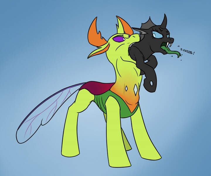 Size: 1280x1067 | Tagged: suggestive, artist:hazelbrew, derpibooru import, thorax, oc, changedling, changeling, digital art, eating, fangs, fetish, forked tongue, green tongue, hissing, image, jpeg, king thorax, same size vore, simple background, tongue out, vore