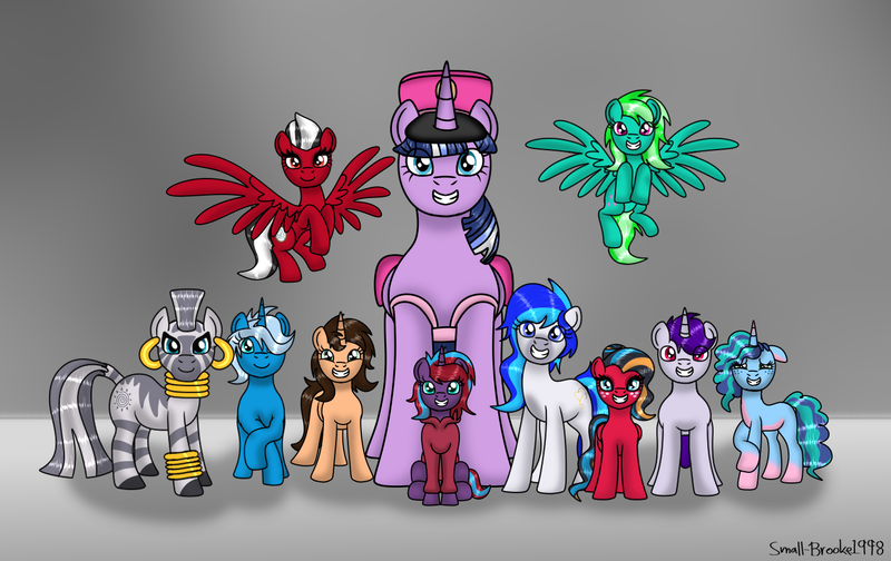 Size: 1416x892 | Tagged: safe, artist:lynnthenerdkitty, derpibooru import, zecora, oc, oc:charming dazz, oc:hooklined, oc:paddy sparkle, oc:sirius canis major, oc:small brooke, oc:starshine twinkle, alicorn, earth pony, pegasus, pony, unicorn, zebra, g5, chromia, everyone, family photo, image, misty brightdawn, photo studio, png, shatter (transformers), transformers, windblade