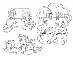 Size: 1280x1024 | Tagged: safe, artist:sinclair2013, derpibooru import, oc, unofficial characters only, pegasus, pony, semi-anthro, unicorn, duo, image, jpeg, male, monochrome, sitting