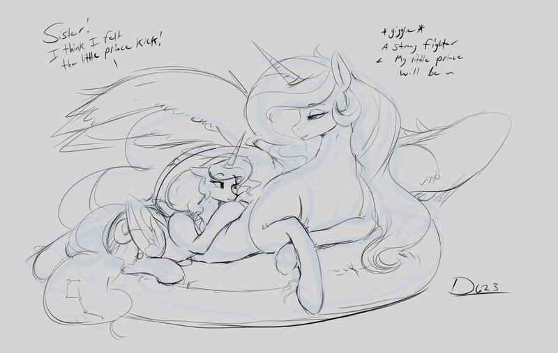 Size: 2368x1501 | Tagged: safe, artist:thelunarmoon, derpibooru import, princess celestia, princess luna, alicorn, pony, cushion, dialogue, female, image, jpeg, mare, momlestia, preglestia, pregnant, royal sisters, siblings, sisters, size difference, sketch, spread wings, wholesome, wings