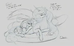 Size: 2368x1501 | Tagged: safe, artist:thelunarmoon, derpibooru import, princess celestia, princess luna, alicorn, pony, cushion, dialogue, female, image, jpeg, mare, momlestia, preglestia, pregnant, royal sisters, siblings, sisters, size difference, sketch, spread wings, wholesome, wings