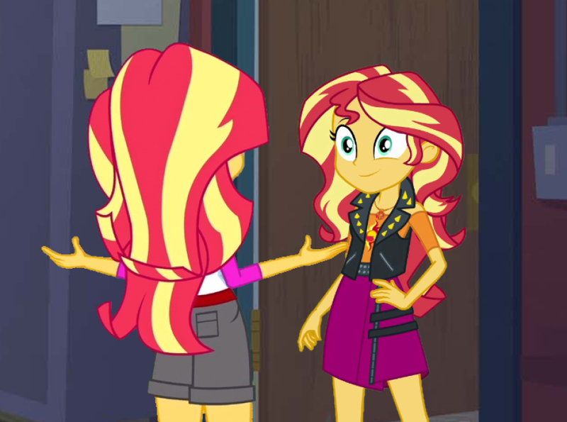 Size: 900x669 | Tagged: safe, derpibooru import, edit, edited screencap, screencap, sunset shimmer, human, fanfic, equestria girls, camp everfree outfits, duality, fanfic art, fanfic cover, fimfiction.net link, geode of empathy, human sunset, image, magical geodes, png, sunset's apartment