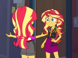 Size: 900x669 | Tagged: safe, derpibooru import, edit, edited screencap, screencap, sunset shimmer, human, fanfic, equestria girls, camp everfree outfits, duality, fanfic art, fanfic cover, fimfiction.net link, geode of empathy, human sunset, image, magical geodes, png, sunset's apartment