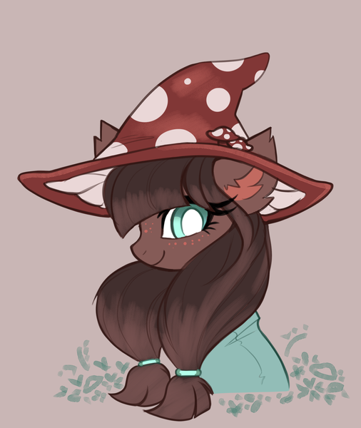 Size: 1322x1569 | Tagged: safe, artist:confetticakez, derpibooru import, oc, unofficial characters only, pony, brown fur, brown mane, clothes, ear fluff, female, freckles, green eyes, hat, image, mare, mushroom, mushroom hat, pigtails, png, robe