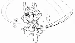 Size: 1529x887 | Tagged: safe, artist:bubbletea, derpibooru import, oc, oc:uki, unofficial characters only, pegasus, pony, armor, bipedal, black and white, female, grayscale, hoof hold, image, jpeg, katana, mare, monochrome, samurai, simple background, solo, sword, weapon, white background