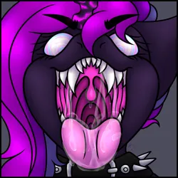 Size: 1280x1280 | Tagged: suggestive, artist:sadfloorlamp, derpibooru import, oc, changeling, changeling oc, drool, drool string, fetish, hypnosis, hypnosis fetish, image, imminent vore, jpeg, maw, mawshot, open mouth, purple changeling, sharp teeth, simple background, teeth, vore
