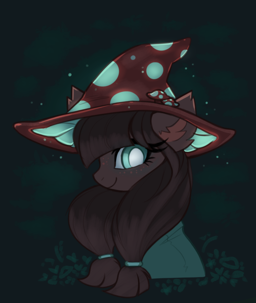 Size: 1322x1569 | Tagged: safe, artist:confetticakez, derpibooru import, oc, unofficial characters only, pony, brown fur, brown mane, clothes, dark background, ear fluff, female, freckles, green eyes, hat, image, mare, mushroom, mushroom hat, png, robe